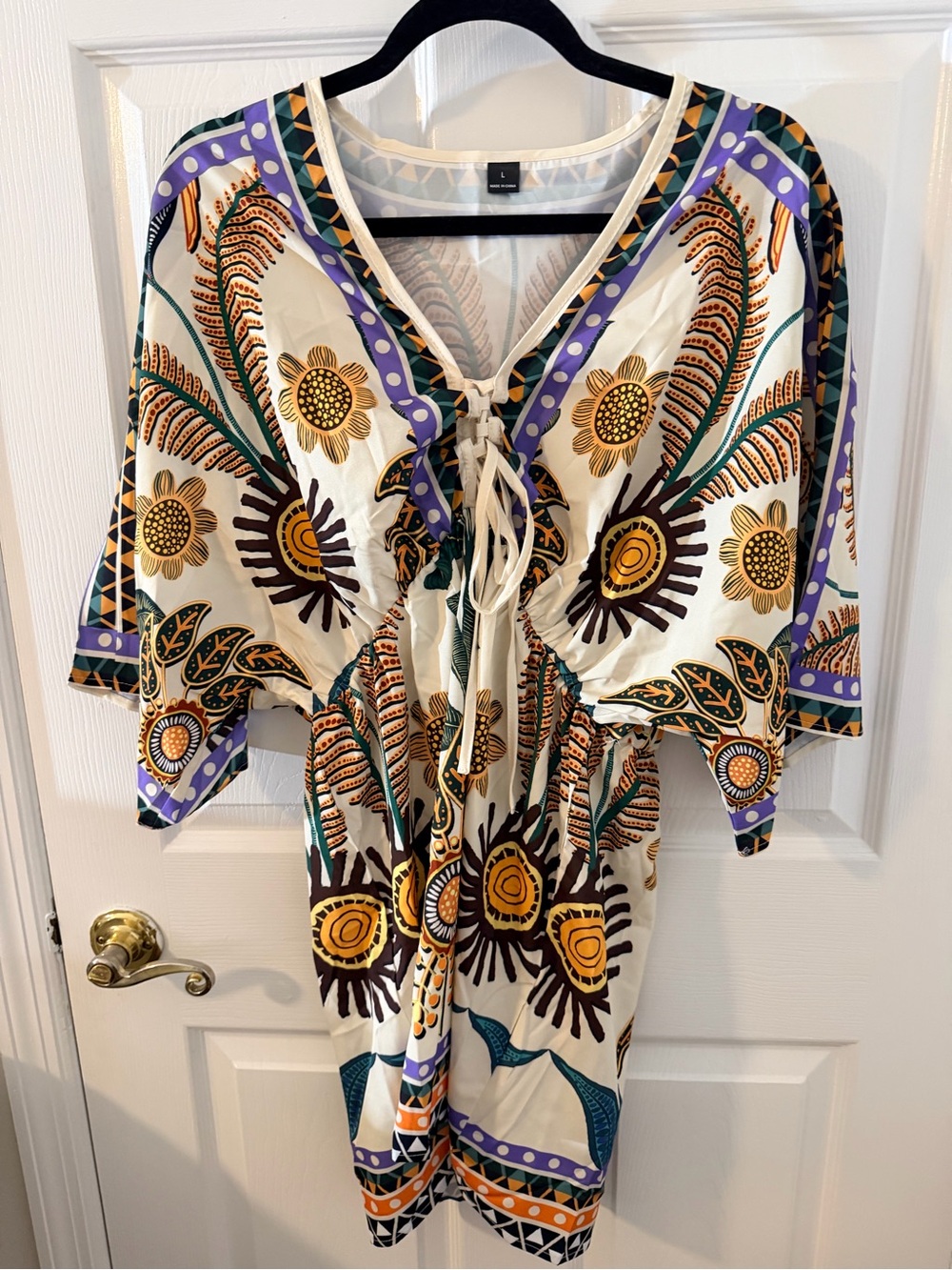Boho Tie-Front Floral Tunic dress— Cream with Yellow & Purple